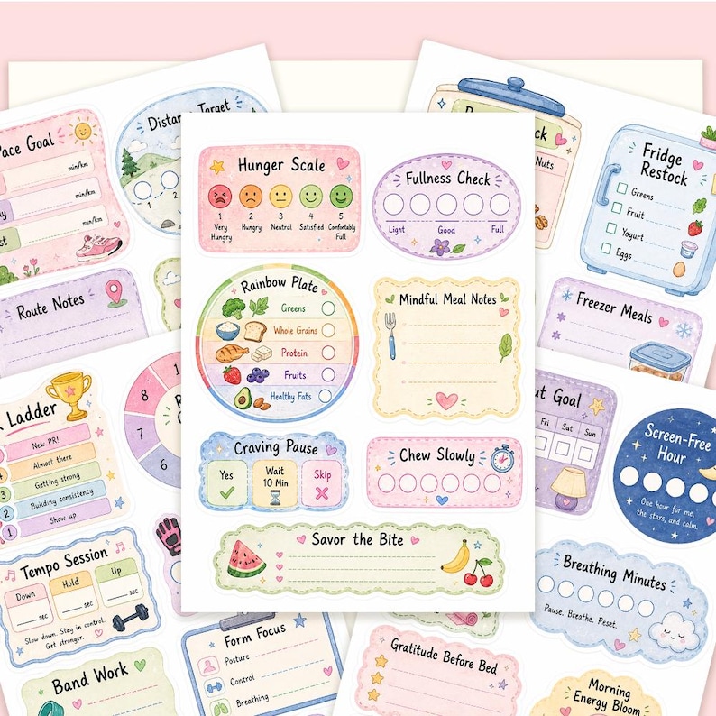 May include: A sticker sheet featuring pastel-colored health and wellness trackers. Sections include a Hunger Scale with emojis, a Rainbow Plate checklist, Mindful Meal Notes, a Craving Pause timer, a Chew Slowly tracker, and a Savor the Bite section.