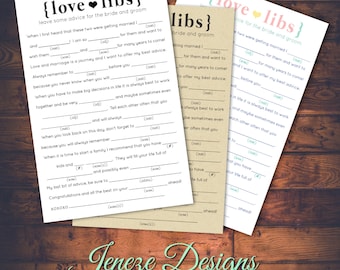 Wedding Mad Libs Advice Card - Printable Design - Instant Download - Day of Fun - Wedding advice - for the Bride and Groom