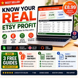 May include: A digital Etsy finance tracker displayed on a laptop screen, featuring a dashboard with gross sales, net profit, and total expenses. The graphic includes text about tax readiness, CSV imports, Google Sheets compatibility, and three bonus guides.