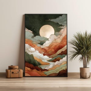 Bohemian Wall Art, Abstract Moonlight Mountain River Landscape in Terracotta Tones for an Eclectic Decorative Feel