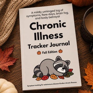 May include: A white journal titled Chronic Illness Tracker Journal with the subtitle A mildly unhinged log of symptoms, flare days, brain fog, and body betrayal. The cover features a cartoon raccoon sleeping on autumn leaves and Fall Edition text.