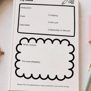 May include: A white medication tracking notebook with black text and graphics. The page features the title My Meds, a syringe and pill icon, fields for medication, dose, and date, plus checkboxes for Helping, Not sure, and Absolutely no idea yet.
