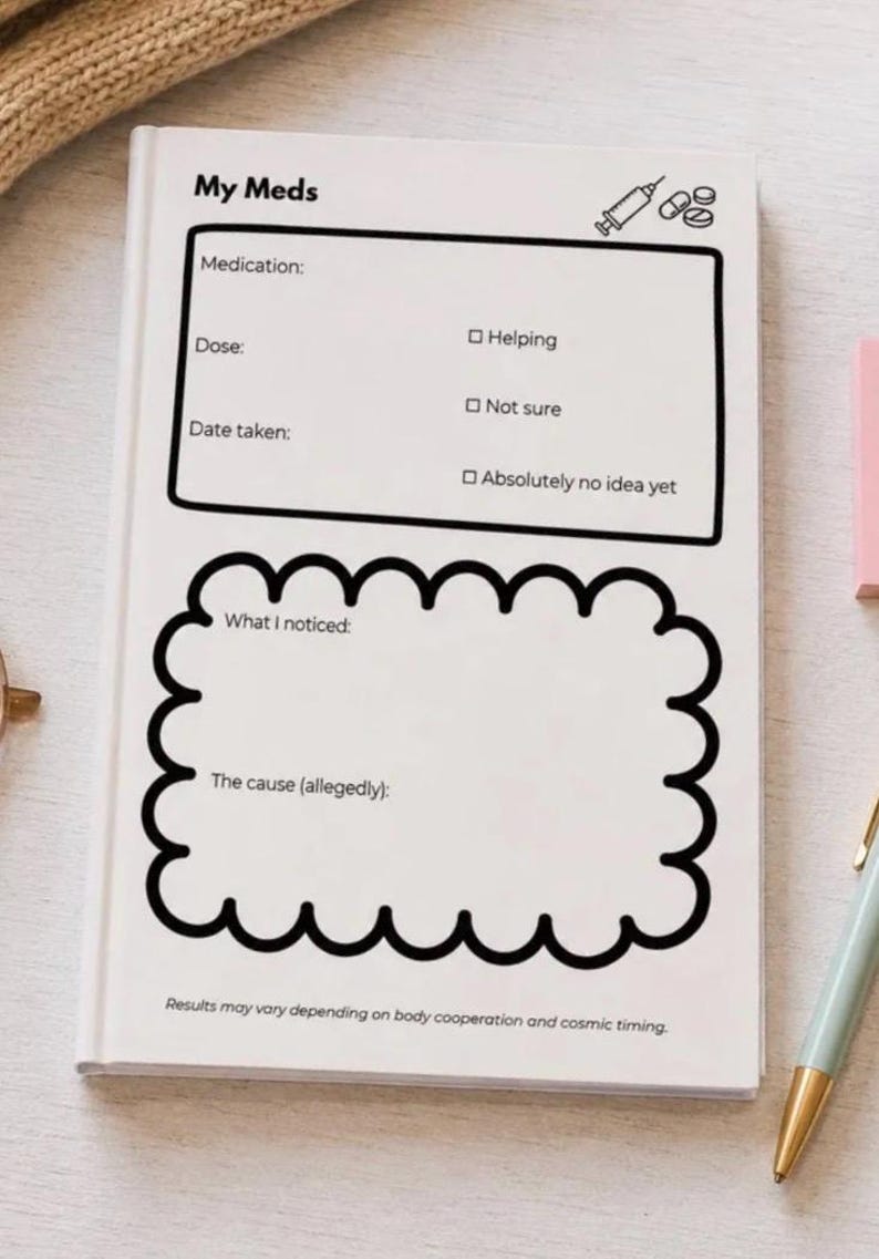 May include: A white medication tracking notebook with black text and graphics. The page features the title My Meds, a syringe and pill icon, fields for medication, dose, and date, plus checkboxes for Helping, Not sure, and Absolutely no idea yet.