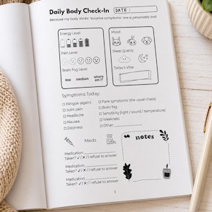 May include: A daily body check-in journal page with black text and icons on white paper. Sections include energy, pain, and brain fog levels, mood, sleep quality, symptoms, medication tracking, and a notes box. The page is numbered 5 at the bottom.