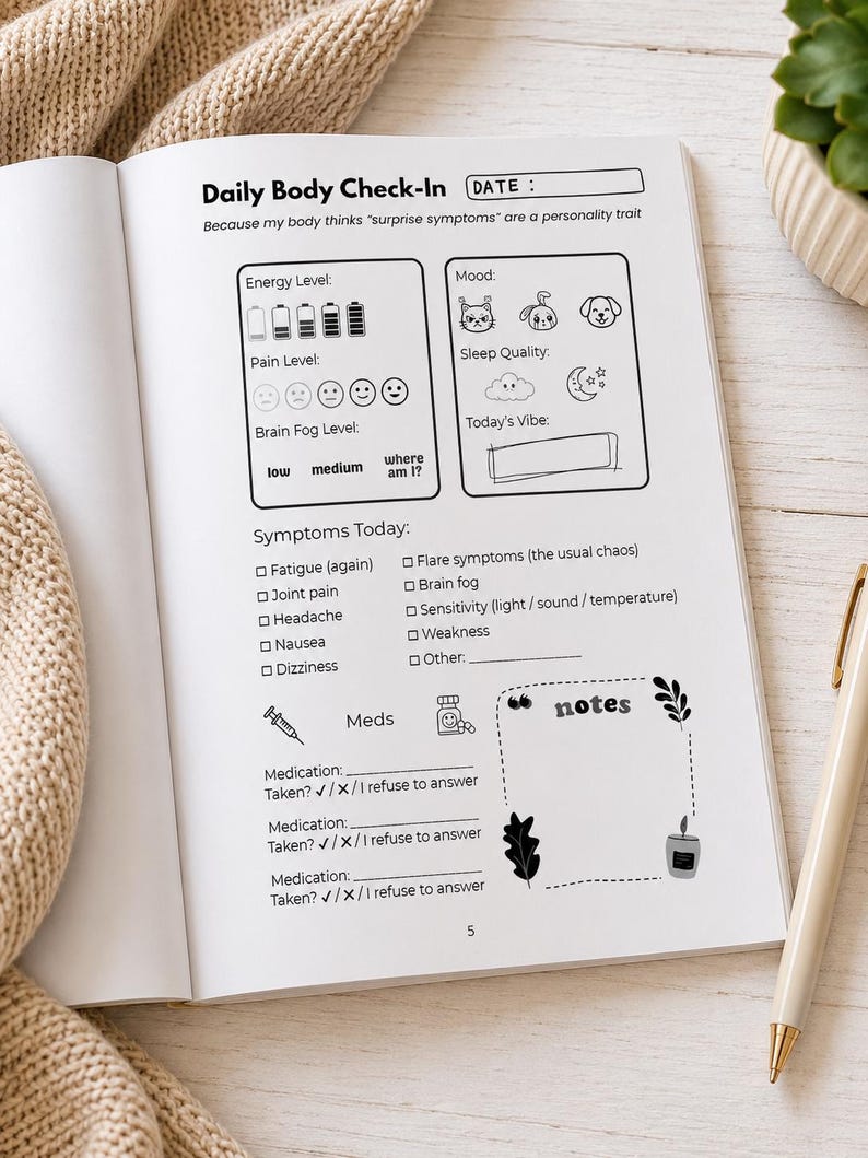 May include: A daily body check-in journal page with black text and icons on white paper. Sections include energy, pain, and brain fog levels, mood, sleep quality, symptoms, medication tracking, and a notes box. The page is numbered 5 at the bottom.