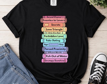 Romance Tropes Book Lover Shirt, Enemies to Lovers, Forced Proximity, 100% Cotton Tee