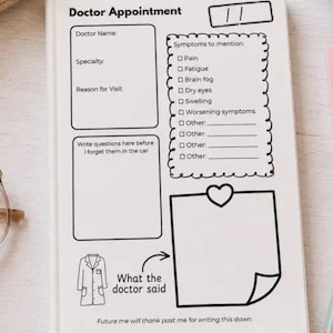 May include: A white paper planner page titled Doctor Appointment with sections for doctor name, specialty, reason for visit, and questions. It includes a checklist for symptoms like pain and fatigue, a heart-shaped note area, and a doctor coat icon.