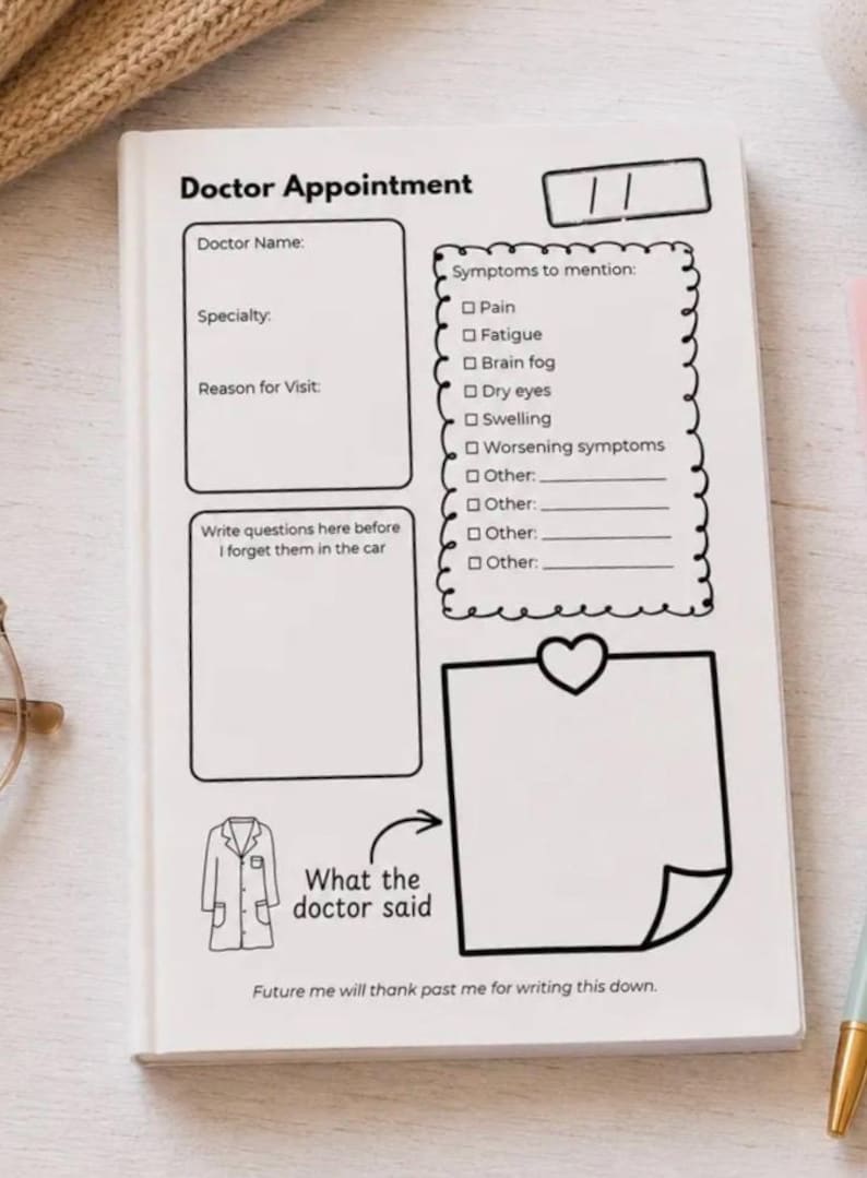 May include: A white paper planner page titled Doctor Appointment with sections for doctor name, specialty, reason for visit, and questions. It includes a checklist for symptoms like pain and fatigue, a heart-shaped note area, and a doctor coat icon.
