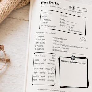 May include: A white paper page titled Flare Tracker with sections for date, flare severity, duration, and symptoms. It includes checkboxes for fatigue, pain, and brain fog, plus boxes for what helped, what made it worse, and additional body betrayal notes.