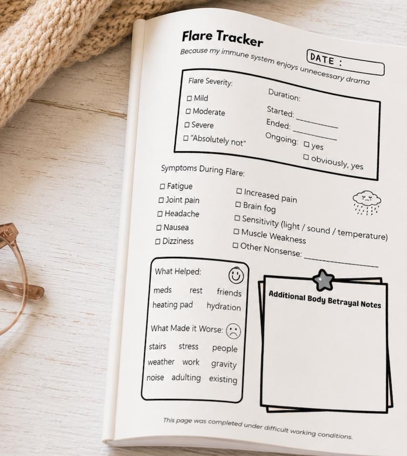 May include: A white paper page titled Flare Tracker with sections for date, flare severity, duration, and symptoms. It includes checkboxes for fatigue, pain, and brain fog, plus boxes for what helped, what made it worse, and additional body betrayal notes.