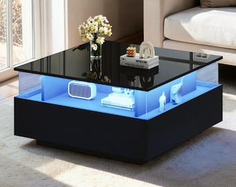 Modern High Gloss LED Coffee Table, Transparent Display, Two Drawers