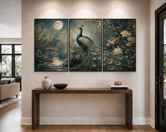 Trittico da parete "Giardino della Luna e del Pavone", set floreale in stile Chinoiserie