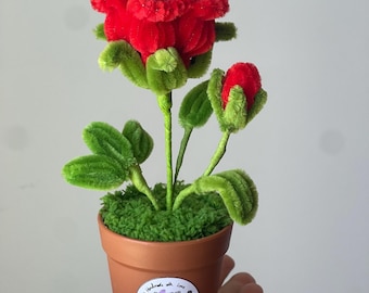 Vaso per rose fatto a mano con scovolini, pianta in vaso con fiori di velluto eterno, regalo di compleanno unico per lei, graziosa decorazione da scrivania
