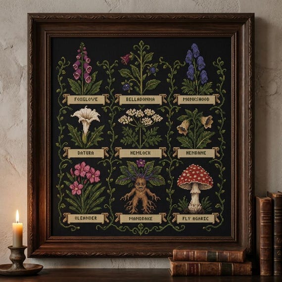 Gothic Cross Stitch Pattern PDF, Poison Garden Sampler Chart | Nine Poisonous Plants | Witchy Botanical Cross Stitch, Instant Download
