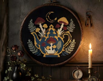 Toadstool Teapot Counted Cross Stitch Pattern PDF | Gothic Cottagecore | cottagecore | Instant Download