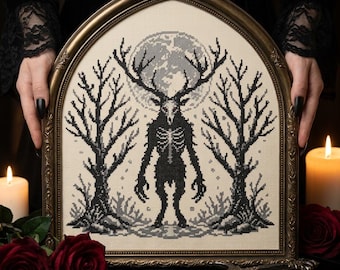 Creepy Cross Stitch Pattern PDF, Wendigo Winter Forest Chart | Gothic Cryptid Embroidery Download