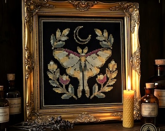 Luna Moth Counted Cross Stitch Pattern PDF | Gothic Specimen | dark academia | Instant Download