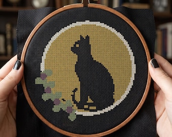 Witchy Cross Stitch Pattern PDF | Halloween Cross Stitch | Black Cat Cross Stitch | Cat Lover Gift | Instant Download