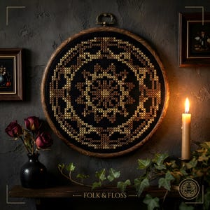 Può includere: Un telaio da ricamo circolare in legno contenente un pezzo di tessuto nero con un motivo mandala a punto croce color oro e bronzo. Il design presenta una stella centrale circondata da forme geometriche. Il testo FOLK & FLOSS è visibile.