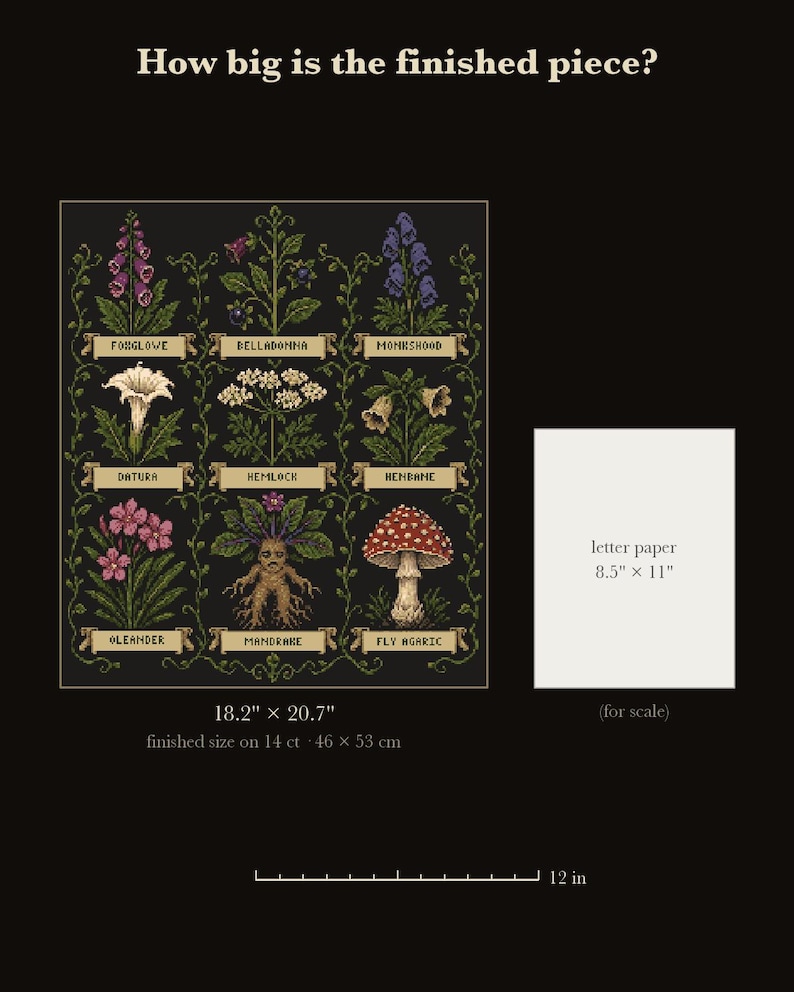 Gothic Cross Stitch Pattern PDF, Poison Garden Sampler Chart | Nine Poisonous Plants | Witchy Botanical Cross Stitch, Instant Download image 2