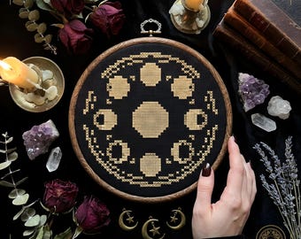 Mini Lunar Phases Blackwork Cross Stitch Pattern PDF | Gothic Celestial | mini cross stitch | Instant Download
