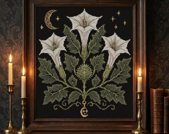 Flower Cross Stitch Pattern PDF, Datura Moonflower Chart | Moon Garden Botanical Plate | Gothic Floral Cross Stitch, Instant Download