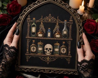 Gothic Apothecary Cross Stitch Pattern PDF, Poison Bottle Shelf Chart | Dark Academia Decor | Witchy Cross Stitch, Instant Download