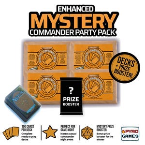 May include: Enhanced Mystery Commander Party Pack featuring four brown paper-wrapped card decks with orange labels, a black prize booster pack with a question mark, and a Magic The Gathering deck box. Includes icons for 100 cards, game night, and prize boosters.