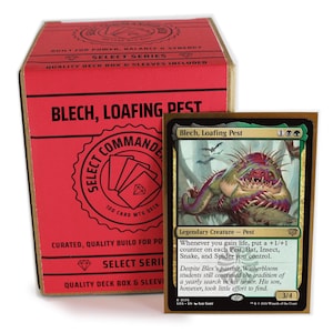 May include: A red cardboard deck box labelled Select Commander with a Blech, Loafing Pest trading card in front. The card features a multi-coloured creature with spikes, text detailing its abilities, and a gold border against a white background.