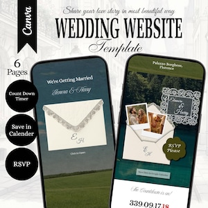 以下が含まれることがあります： 2台のスマートフォンに表示されたデジタル結婚式ウェブサイトテンプレート。EHのイニシャルが入った封筒のグラフィック、カウントダウンタイマー、RSVPボタン、写真プレースホルダーが特徴です。インターフェースには「We're Getting Married」、「Palazzo Borghese, Florence」、「The Countdown is on」などのテキストが含まれています。