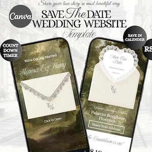 May include: A digital wedding website template displayed on two smartphones. The screens feature an envelope graphic, the text "SAVE THE DATE WEDDING WEBSITE Template," "Elenora & Harry," "Save Our Date," "Palazzo Borghese, Florence," and "The Countdown is on!" with buttons for RSVP and calendar.