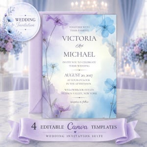 May include: A wedding invitation template featuring watercolor floral illustrations in shades of purple and blue. The text reads: Victoria and Michael, August 20, 2027, at four o'clock in the afternoon, Willowbrook Estate, Hudson Valley, New York.