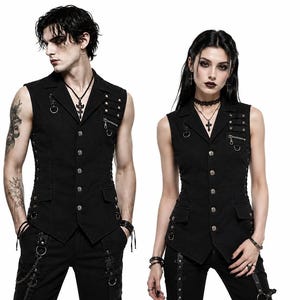 Unisex gotisk svart väst, punk ärmlös knäppt, alternativ streetwear-väst