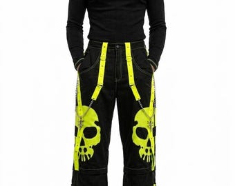 Neon Skull Goth Cargo Pants: Cyberpunk Streetwear with Chains, Suspenders