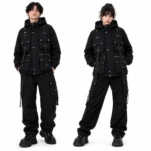Gothic-Streetwear-Utility-Jacke, schwarzer, übergroßer Unisex-Techwear-Mantel, alternative Mode