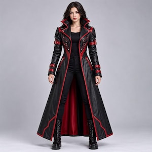 Black Red Faux Leather Gothic Trench Coat, Punk Biker Jacket, Alternative Fashion