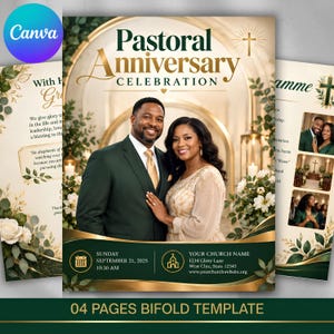 May include: A bifold template for a Pastoral Anniversary Celebration featuring a central image of a couple, gold and dark green floral accents, and text including the date September 21, 2025, and church contact details on a cream-coloured background.