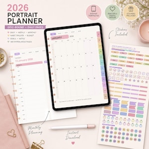 May include: A 2026 portrait planner with disc-bound daily pages, featuring a digital tablet displaying a January calendar, a separate daily schedule page, and a sheet of pastel-colored stickers. The set includes monthly planning tools, habit trackers, and 365 hyperlinked pages with a soft color palette.