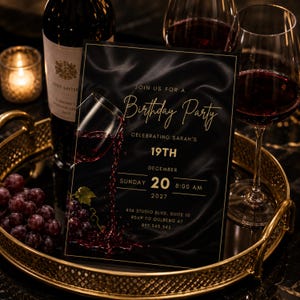 Birthday Invitation Template, Black Gold Wine Themed Party Invite, Editable Canva Template, Elegant Adults Printable Digital Downloads Files