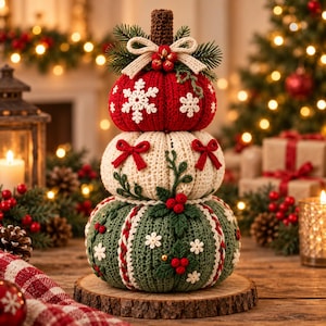 Puede incluir: Una pila de tres calabazas de ganchillo con una parte superior roja con copos de nieve blancos, un centro crema con lazos rojos y una base verde con flores blancas y bayas rojas. La parte superior está decorada con un tallo marrón y un lazo.
