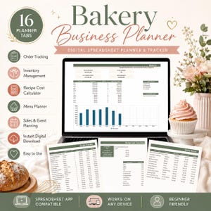 Planificador de negocios de panadería, calculadora de costos de recetas, rastreador de pedidos de panadería casera, plantilla de Google Sheets y Excel para negocios de pastelería