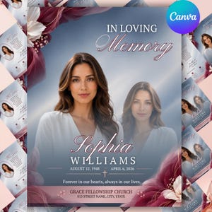 Funeral Program Template, 8 Page Editable Obituary Booklet for Women, Elegant Burgundy Rose Floral, Canva Printable Digital Downloads