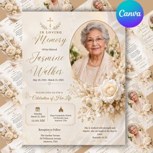 May include: A funeral program template featuring a portrait of an elderly person, cream-colored floral accents, and gold text. The text reads In Loving Memory of Jasmine Walker, May 10, 1955 - March 15, 2025, and details for a Celebration of Her Life.