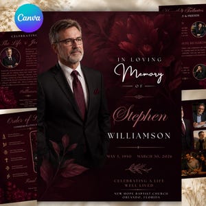 Plantilla de programa funerario, folleto editable para servicio conmemorativo, programa de celebración de vida en memoria de un ser querido, plantilla floral burdeos para Canva.