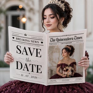 May include: A newspaper-style Save the Date announcement featuring the text Breaking News, The Quinceañera Times, and the date 21.07.2026. The design includes a photograph of a person in a dark red gown and a crown, with black text on white paper.