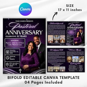 May include: A bifold editable Canva template for a 17 x 11 inches pastoral anniversary program. The design features a deep purple background with white text, including event details for Pastor John Lee and First Lady Marissa Lee.