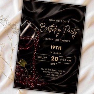 Modèle d'invitation d'anniversaire, invitation pour une fête sur le thème du vin, de l'or et du noir, modèle Canva modifiable, fichiers numériques élégants à imprimer pour adultes