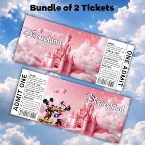 Puede incluir: Dos entradas rosas para Disneyland París con un castillo, Mickey y Minnie Mouse, y el texto "Bundle of 2 Tickets". Las entradas incluyen el nombre, la fecha, la hora y un mensaje.