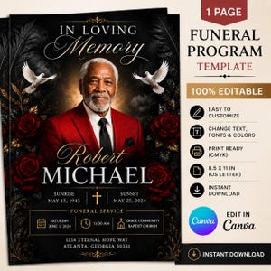 Puede incluir: Una plantilla de programa funerario con el retrato de un hombre mayor con traje rojo, camisa blanca y corbata negra. El diseño incluye rosas rojas, palomas blancas, detalles dorados y el texto In Loving Memory, Robert Michael.