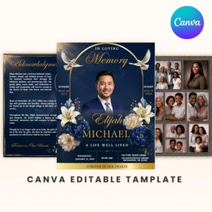 May include: A funeral program template featuring a portrait of a man in a suit, surrounded by blue and white floral arrangements, white doves, and gold text reading In Loving Memory, Elijah Michael, A Life Well Lived, and Forever in Our Hearts.